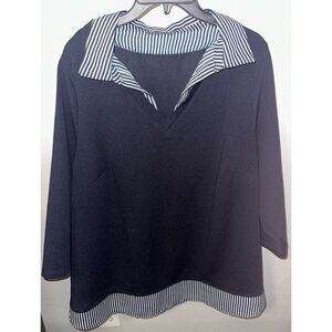 Adrianna Papell Navy Blue Tunic Top with Striped Collar – Size 3X